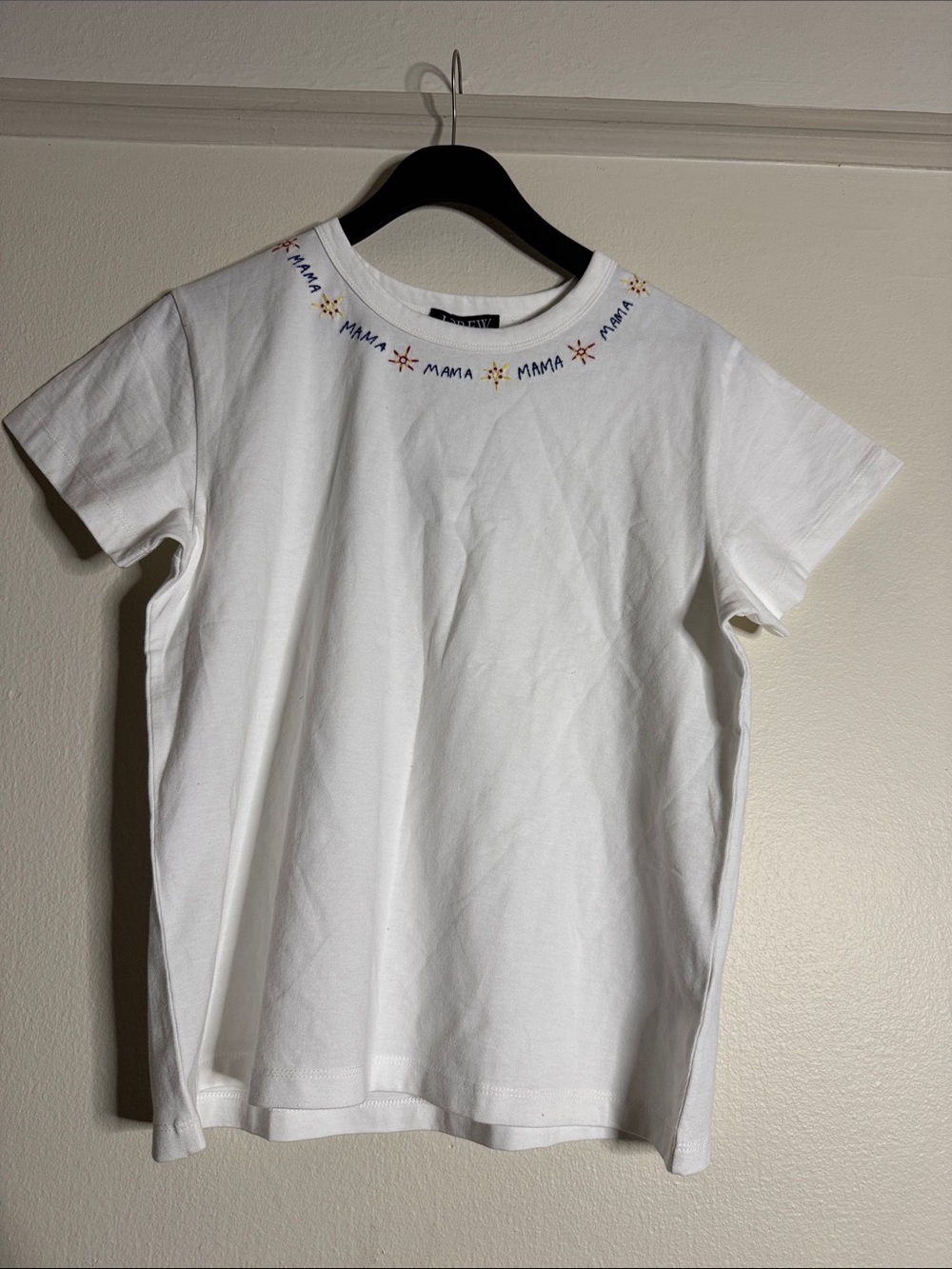 J. Crew White Tee with Multicolor “MAMA” Neck Embroidery